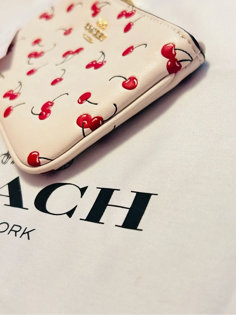 COACH Cherry Print/ W Heart Charm Wristlet Pouch